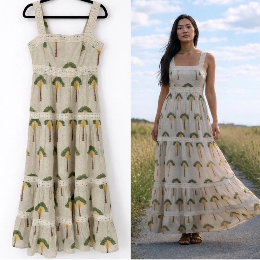 NWT Calypso St‎ Barth Tiered Maxi Dress sz L Palm Tree Print Crochet
Trim Cotton
